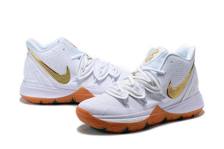2019 Men Nike Kyrie Irving 5 White Gold Gum Sole Shoes - Click Image to Close
